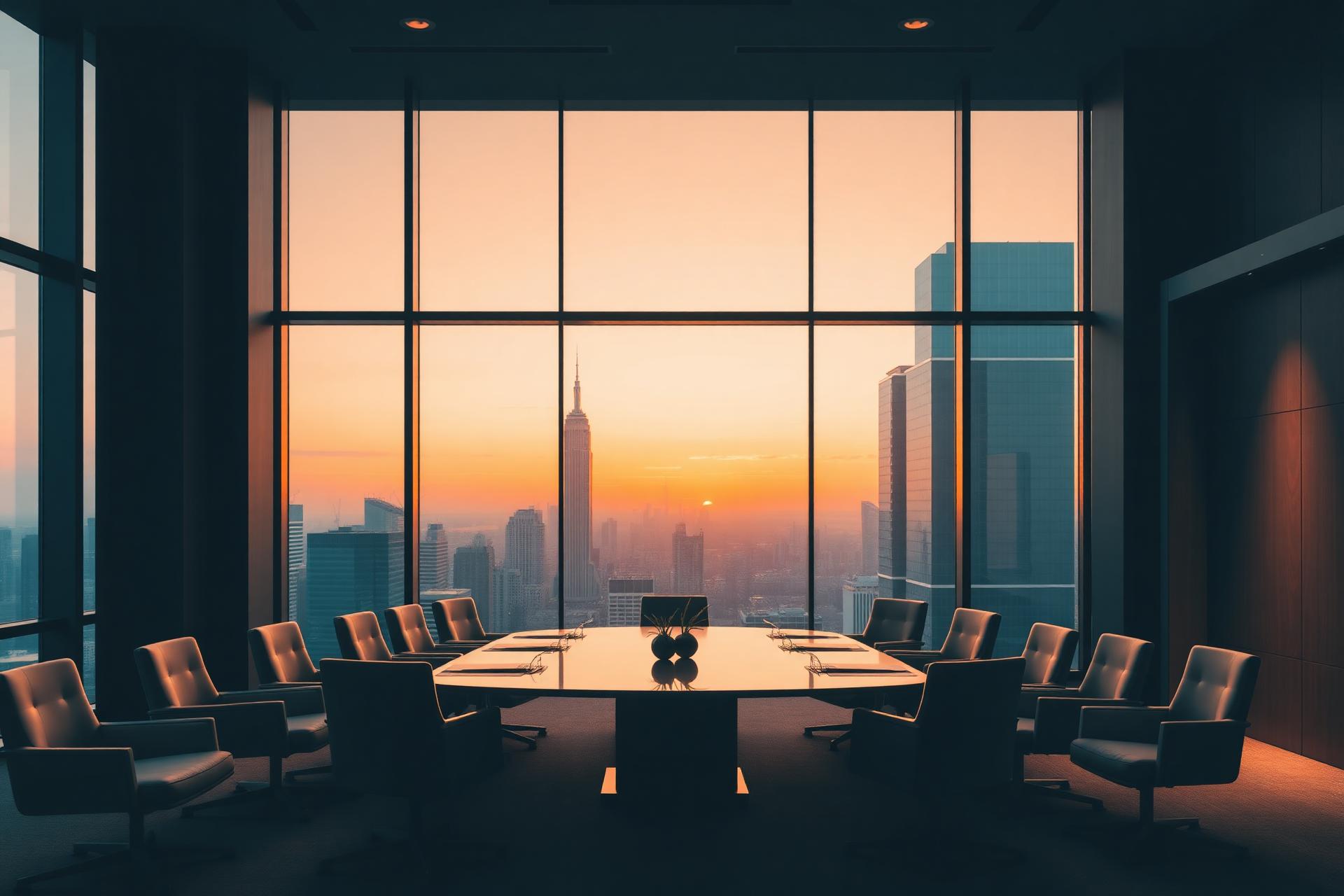 Executive boardroom overlooking a city skyline at dusk