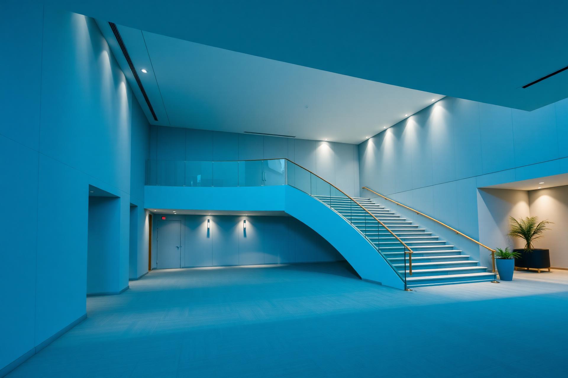 Modern architectural lobby with a sweeping staircase
