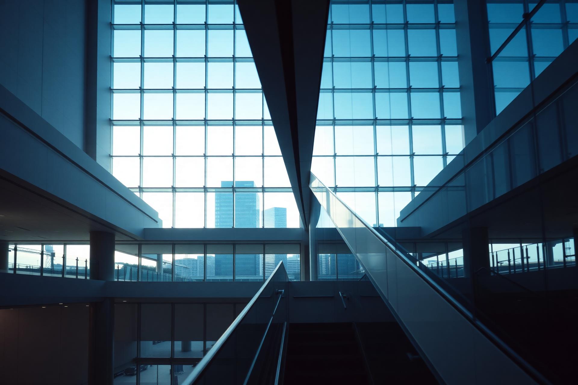 Glass and steel corporate atrium interior
